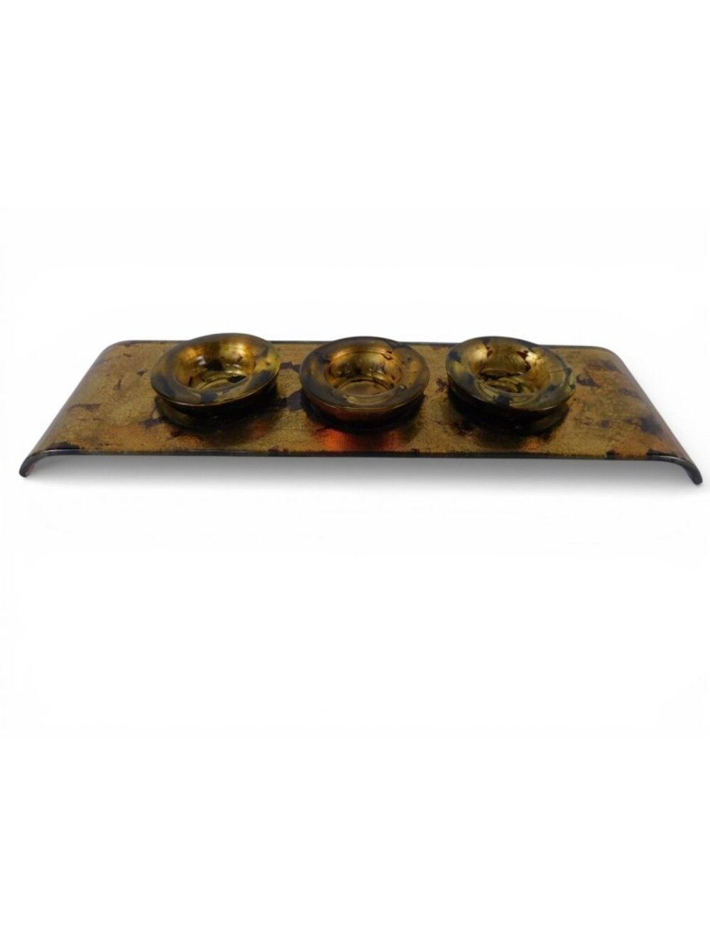 Gold Fused Glass Triple Tea Light Candle Holder Set Tray Unmarked Home Decor